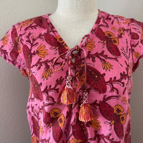 Calypso Pink Floral Cap Sleeve Dress Tassel Pink Butterfly Print Airy Sz XS - Picture 9 of 10